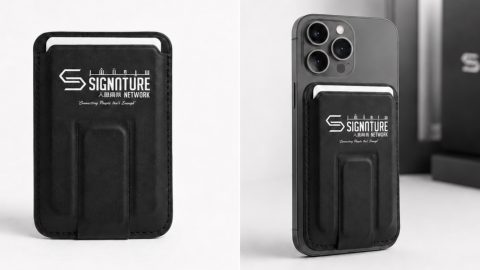 Black Signature Network MagSafe phone wallet and stand