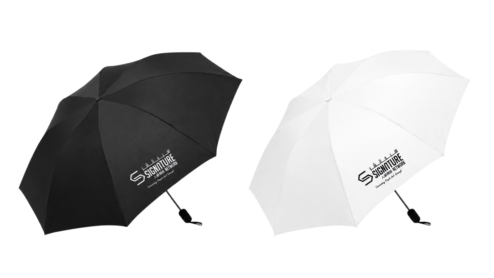 Black and white Signature Network customized umbrellas
